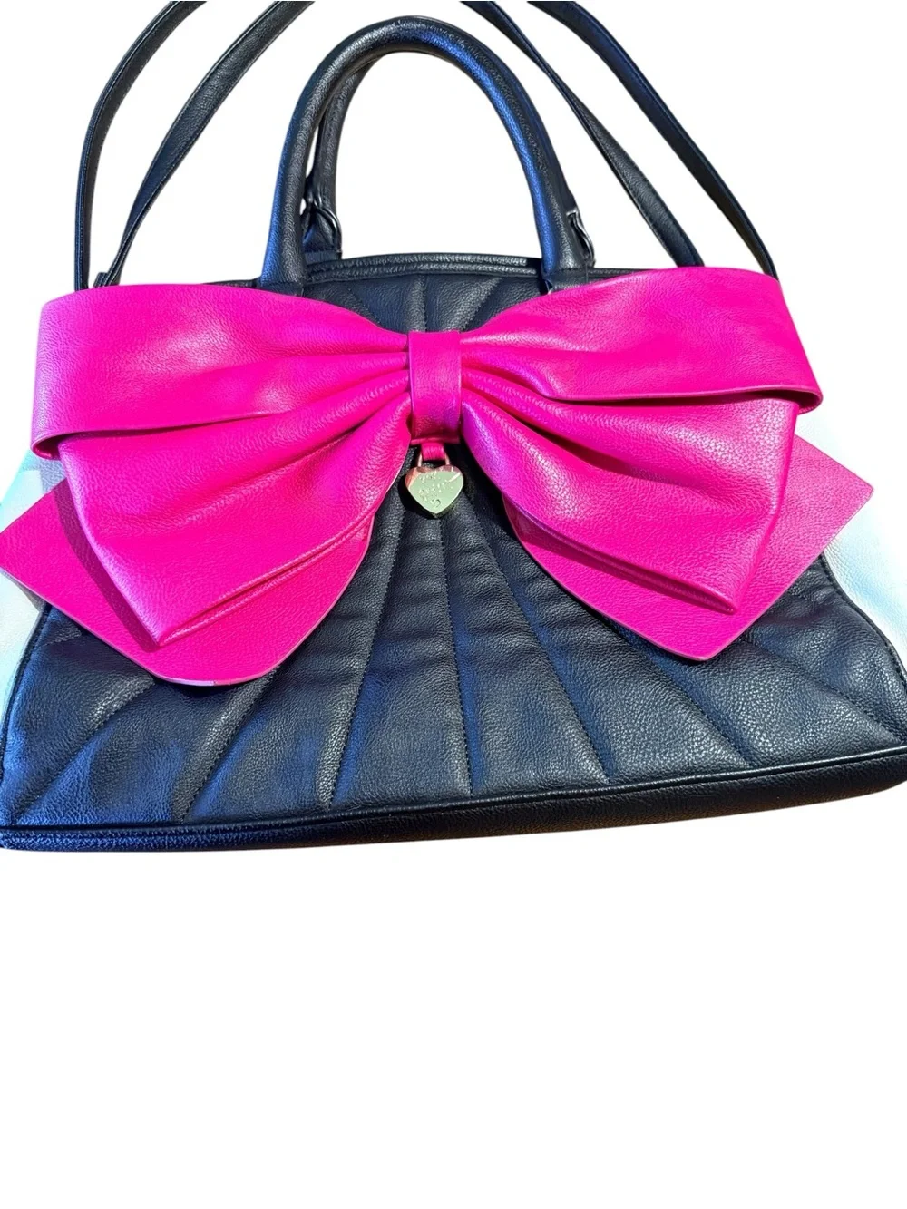 Betsey Johnson Black & Hot Pink Bow Accent Satchel Handbag